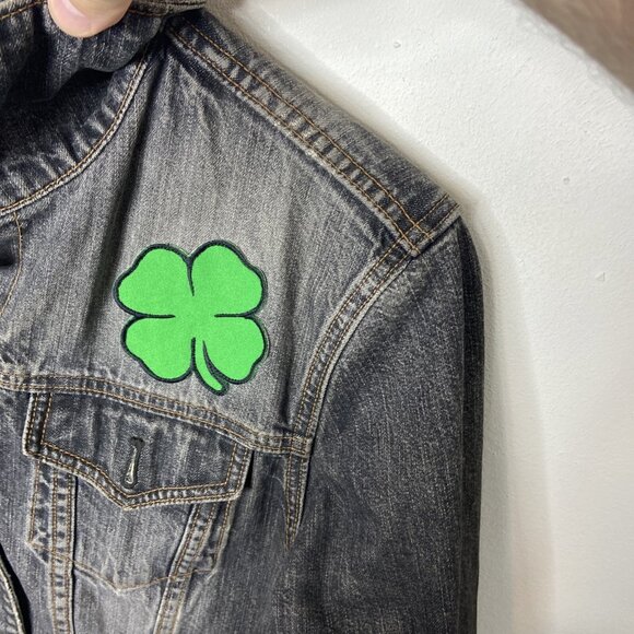 Gap Woman L Black Denim Girl Pwr Drinking Patches Jacket Irish Grunge Biker - Picture 7 of 9